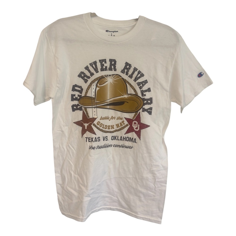 Champion Red River Rivalry Texas vs Oklahoma Golden Hat T-Shirt White Small NEW